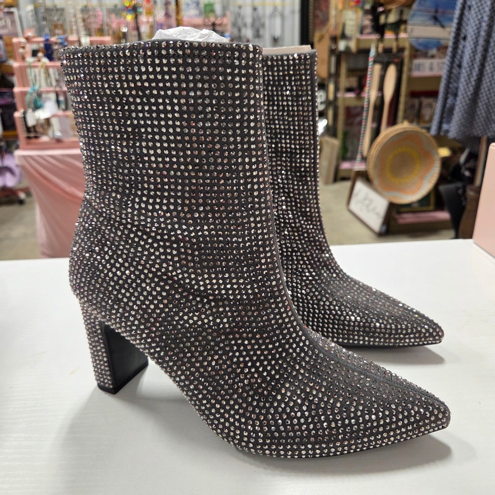 A New Day Gloria Silver Rhinestone Pointed Toe Block Heel Ankle Boots Womens 8.5